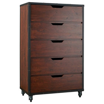 Furniture of America Chevy Wood 5-Drawer Chest with Casters in Vintage Walnut
