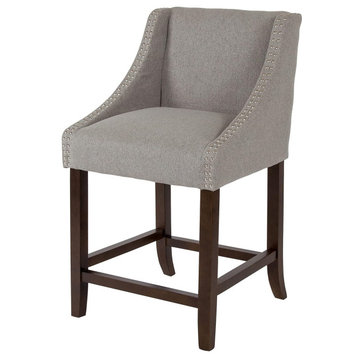 Set of 2 Counter Stool, Cushioned Seat With Slopped Arms & Nailhead, Gray