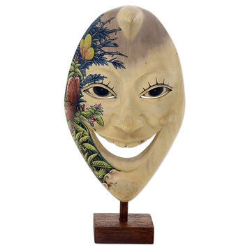 Novica Smiling Moon Man Wood Mask