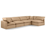 Meridian Furniture - Indulge Upholstered Modular L-Shaped Sectional, Tan, 5-Piece: 3 Armless Chair, 2 Corner Chair, Fiber Stuffed Vegan Leather - Experience ultimate comfort and style with our tan vegan leather Indulge Sectional. The luxurious vegan leather will elevate the aesthetic of any room. This sofa provides ample space for you to relax while its modular build offers the option of unlimited configurations. Whether you're looking to add a stylish element to your living room or a comfortable seating option to your bedroom, this sofa is the perfect choice.