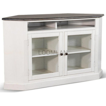55" Wide White Wood Corner TV Stand Media Console With Glass Doors