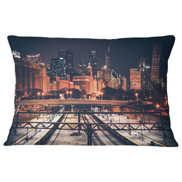 Dark Chicago Skyline and Railroad Cityscape Throw Pillow, 12"x20"