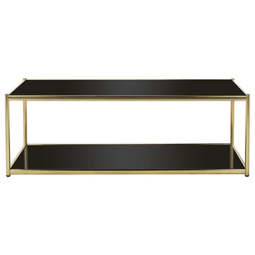 Unique Coffee Table, Elegant Finished Metal Frame and Glass Top, Gold/Black