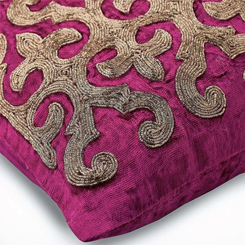 Pink Pillow Cover, Arabic Velvet Gold 26"x26" Velvet, Flaming Fuchsia