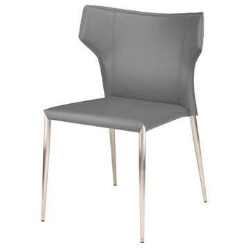 Wayne Dining Chair, Armless Side Chair, Leather Dining Chair, Brushed Steel, Gra