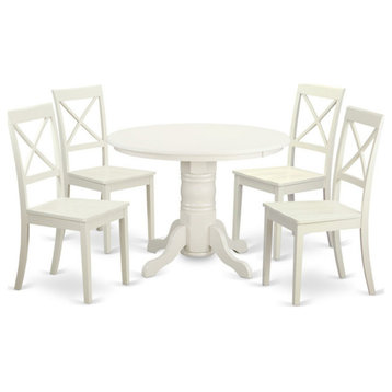 Traditional Dining Set, Round Pedestal Table & 4 Crossback Chairs, Linen White