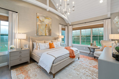 Design ideas for a transitional bedroom in Cincinnati with beige walls, dark hardwood floors and brown floor.
