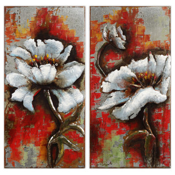 "Garden Rose" Mixed Media Iron Hand Painted Dimensional Wall Art Set of 2