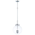 Maxim Lighting - Retro 14" 3-Light Pendant Polished Nickel Clear Glass - This collection of pendants, inspired by lighting reminiscent of the past, are updated to fit into today's home decor. With a wide variety of size, finish, and technology there is something for everyone. Hand blown Clear and White cased opal glass with Polished Nickel accents creates vintage look with a contemporary flair. The Clear holophane and Polished Nickel pendants add LED technology at a very affordable price.  Canopy Included: Yes  Shade Included: Yes  Canopy Diameter: 5 x 5 x 0Lumens: 1800 Hardwire of Plug?: Hardwire Number of Bulbs Used: 3 Type/Wattage of Bulbs: Candelabra Base 60W Are bulbs included? No UL Listed: Yes