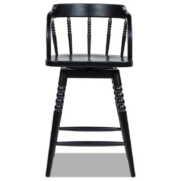 Breda 25.5" Turned Bubble Spindle Low-Back Wood Swivel Counter Stool, Black