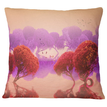 Red And Purple Japanese Gardens Landscape Printed Throw Pillow, 16"x16"