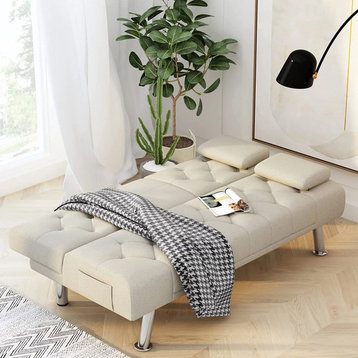 Modern Folding Futon, Tufted Polyester Seat & Drop Down Cupholders, Creamy White