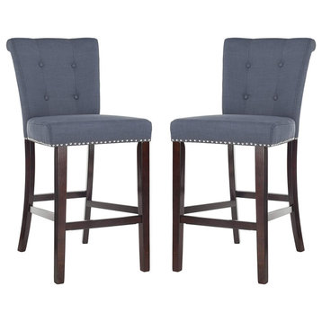 Set of 2 Bar Stool, Linen Upholstered Seat With Button Tufted Rolled Arms, Navy