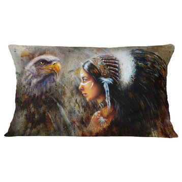 Indian Woman With Feather Headdress Indian Throw Pillow, 12"x20"