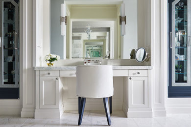 Example of a large transitional master porcelain tile and multicolored floor bathroom design in Toronto with recessed-panel cabinets, white cabinets and a built-in vanity