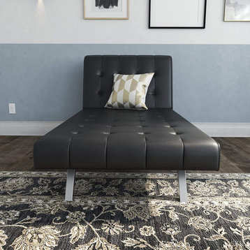 Chaise Lounger With Chrome Legs, Black Faux Leather