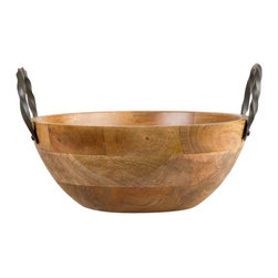 14 in. x 11 in. 5-4/5 in. x Mango Wood Serving Bowl with Cava Metal Handles - Serving And Salad Bowls