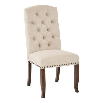 Jessica Tufted Dining Chair, Linen Fabric With Bronze Nailheads and Coffee Legs