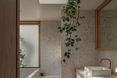 Inspiration for a mid-sized modern master white tile terrazzo floor, white floor and single-sink open shower remodel in Phoenix with light wood cabinets, white walls, terrazzo countertops, beige countertops, a niche and a built-in vanity