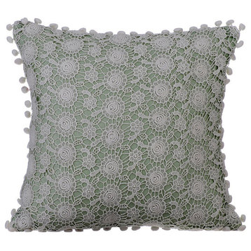 Green Throw Pillow Covers 16"x16" Cotton, Crochet Rose