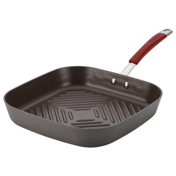 Hard-Anodized Nonstick 11" Deep Square Grill Pan, Gray, Cranberry Red Handle