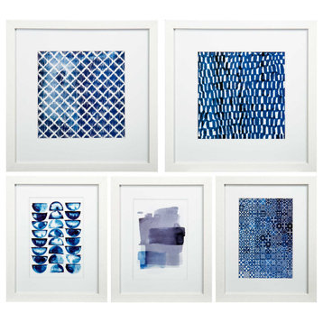 5-Piece Beautiful Decorative Wooden Wall Gallery Framed Indigo Blue Print Set