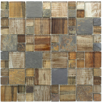 Random Square Brown Wood Look Glass and Stone Mosaic Tile