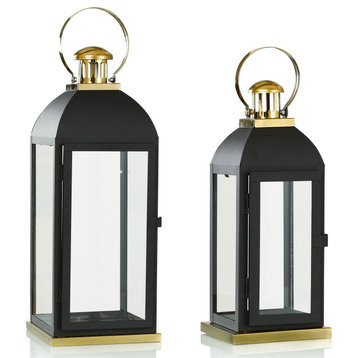 Stainless Steel and Glass Lanterns Set of 2 Matte Black, Polished Gold