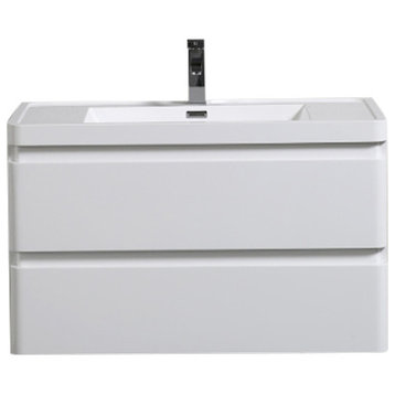 Eviva Glazzy 36" Glossy White Wall Mount Modern Vanity w/ White Integrated Top