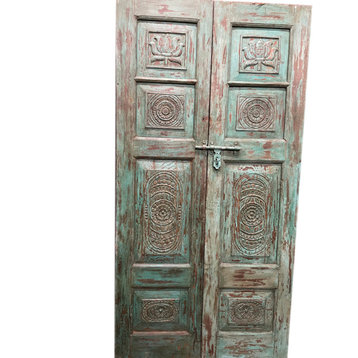 Consigned Antique India Teak Wood Doors, Distressed Blue, Carved Rustic 80
