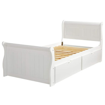 Twin Platform Bed, Pinewood Frame With Double Panel Headboard, White
