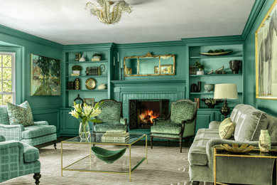 Идея дизайна: изолированная гостиная комната среднего размера в классическом стиле с синими стенами, темным паркетным полом, стандартным камином и фасадом камина из кирпича