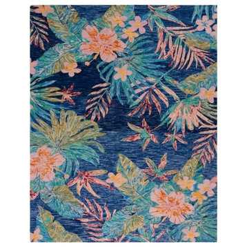 Bohemian Area Rug, Pure Wool With Colorful Blue Pink Floral Pattern, 8' X 10'