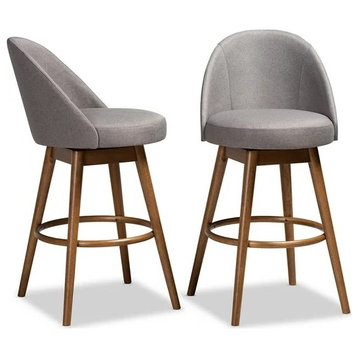 Set of 2 Bar Stool, Rubberwood Frame With Swiveling Seat, Gray/Bar Height