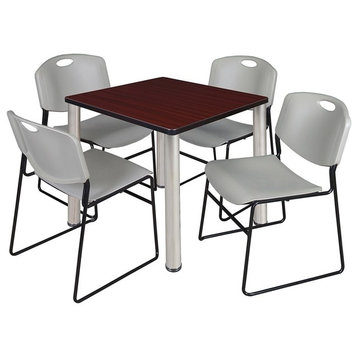 Kee 30" Square Breakroom Table, Mahogany/Chrome and 4 Zeng Stack Chairs, Gray