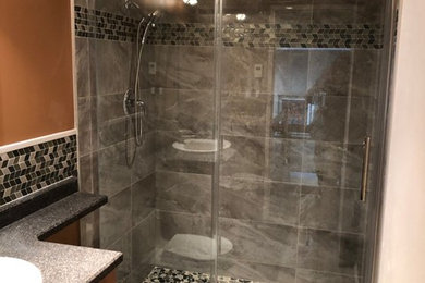 Mid-sized elegant master gray tile and porcelain tile ceramic tile and beige floor bathroom photo in Other