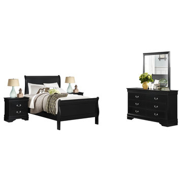 5-Piece Modern Full Sleigh Bed, Dresser, Mirror, 2 Nightstand Burnished Black