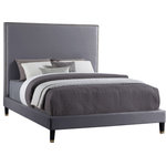 Meridian Furniture - Harlie Velvet Upholstered Bed, Gray, Queen - Give your room an instant boost of drama and style when you add this Harlie bed to the mix. This queen-size bed features a soft grey velvet exterior that's both chic and sleekand just the thing to add modern beauty to your decor. Brass nailheads lend this magnificently crafted bed an elegant vibe, while brass caps on the leg amplify its sophisticated demeanor. An extra-tall design makes sure this Harlie bed gets the bulk of attention in your bedroom.