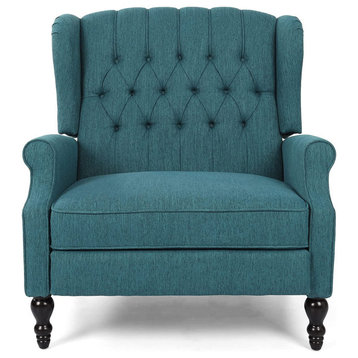 Contemporary Recliner Chair, Padded Seat With Button Tufted Wingback, Teal