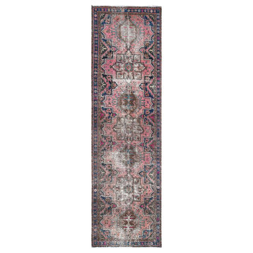 Old Hand Knotted Sun-Faded Pink Persian Karajeh Sheared Low Wool Rug, 3'3"x11'3"
