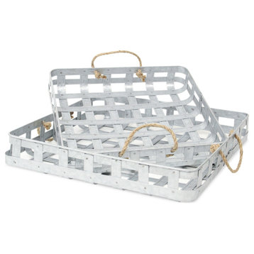 Set of 2 Galvanized Metal Tray With Rope Handles