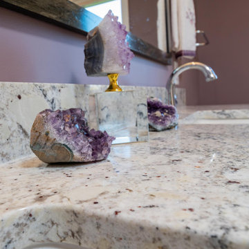 Modern Main Bathroom With a White Shaker Style Vanity and Lavender Walls