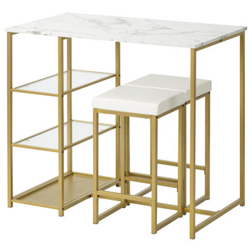 3-piece Modern Pub Set with Faux Marble Countertop and Bar Stools