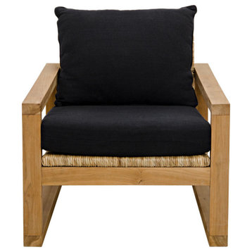 Baker Chair, Teak Frame, Woven Seat, Black Woven Fabric