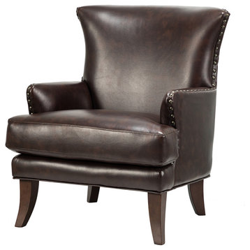Classic Wooden Upholstered Leather Armchair, Brown