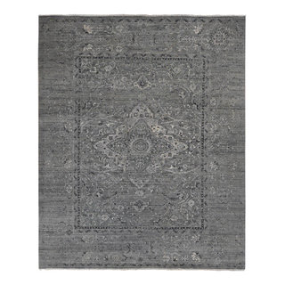 Gray Silk With Wool Erased Broken Persian Design Hand Knotted Rug 8'3 ...