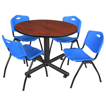 Kobe 48" Round Breakroom Table- Cherry & 4 'M' Stack Chairs- Blue
