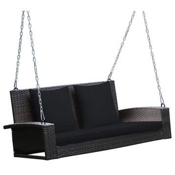 Costway 2-Person Patio Rattan Hanging Porch Swing Bench Chair Cushion Black
