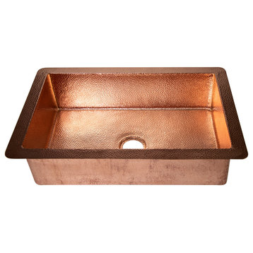 33" Drop-in Single Bowl Hammered Copper Kitchen Sink, 16 Gauge