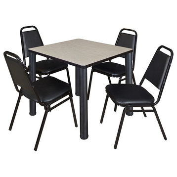 Kee 30" Square Breakroom Table, Maple/Black and 4 Restaurant Stack Chairs, Black